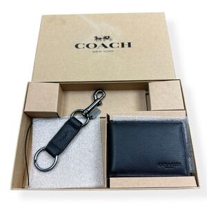 NIB Mens Coach‎ Key Fob Holder - Black Bifold Leather Wallet w/ Box